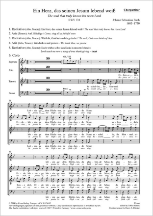Bach, Johann Sebastian Ein Herz, das seinen Jesum lebend wei Soli AT, Coro SATB, 2 Ob, 2 Vl, Va, Bc Chorpartitur