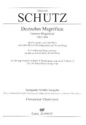 Deutsches Magnificat SWV494 (vervollstndigte Fassung) fr 8 Stimmen (gem Chor) und Bc Partitur ohne Umschlag (dt)