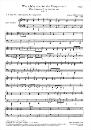 Bach, Johann Sebastian Wie schn leuchtet der Morgenstern Soli STB, Coro SATB, 2 Obca, 2 Cor, 2 Vl solo, 2 Vl, Va, Bc Einzelstimme, Orgel