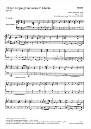 Bach, Johann Sebastian Ich bin vergngt mit meinem Glcke Solo S, Coro SATB, Ob, Vl solo, 2 Vl, Va, Bc Einzelstimme, Orgel