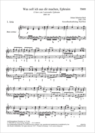 Bach, Johann Sebastian Was soll ich aus dir machen, Ephraim Soli SAB, Coro SATB, 2 Ob, Cor, 2 Vl, Va, Bc Einzelstimme, Orgel