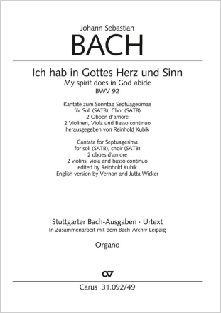 Bach, Johann Sebastian Ich hab in Gottes Herz und Sinn Soli SATB, Coro SATB, 2 Obda, 2 Vl, Va, Bc Einzelstimme, Orgel