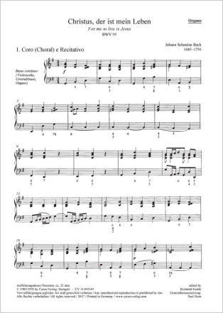 Bach, Johann Sebastian Christus, der ist mein Leben Soli STB, Coro SATB, 2 Ob/2 Obda, Cor (Ctto), 2 Vl, Va, Bc Einzelstimme, Orgel