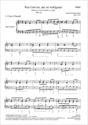 Bach, Johann Sebastian Was Gott tut, das ist wohlgetan Soli SATB, Coro SATB, 2 Ob, Tl (Eh), 2 Vl, Va, Bc Einzelstimme, Orgel