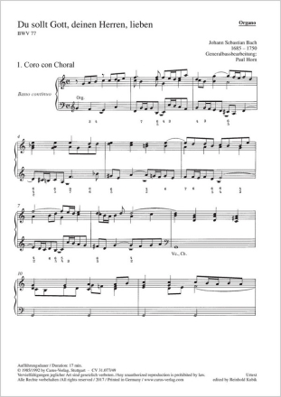 Bach, Johann Sebastian: Du sollt Gott, deinen Herren, lieben Soli SATB, Coro SATB, 2 Ob, Obca, Tr, 2 Vl, Va, Bc Einzelstimme, Orgel