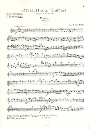 Sinfonia Wq174 fr Streichorchester (Flten und Hrner ad lib) Flte 1