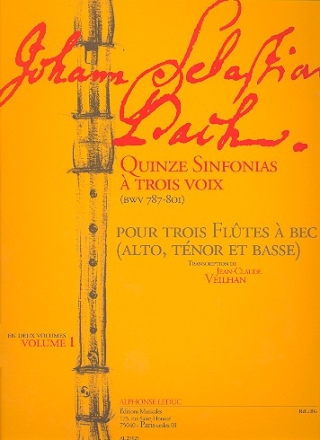 15 Sinfonias  3 voix BWV787-801 vol.1 (nos.1-8) pour 3 fltes  bec (ATB) partition et parties