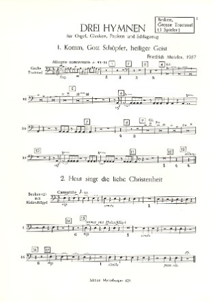 3 Hymnen fr Orgel, Glocken, Pauken und Schlagzeug Becken / Groe Trommel (1 Spieler)