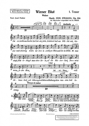 Strau (Sohn), Johann Wiener Blut op. 354 fr Mnnerchor (TTBB) und Klavier Chorstimme Tenor I