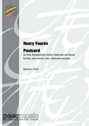 Postcard for flute, clarinette basse, violon, violoncello and piano parts