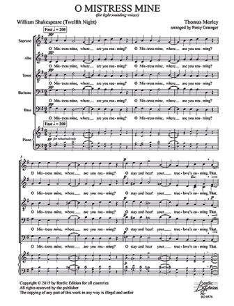 O Mistress Mine for mixed choir and piano choral score