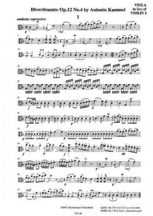 Antonin Kammel Ed: C M M Nex and F H Nex Divertimento Op. 12 No. 4 - Part for viola in lieu violin 2 mixed ensemble