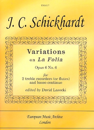 Variations on La Follia op.6,6 for 2 treble recorders and Bc score and parts
