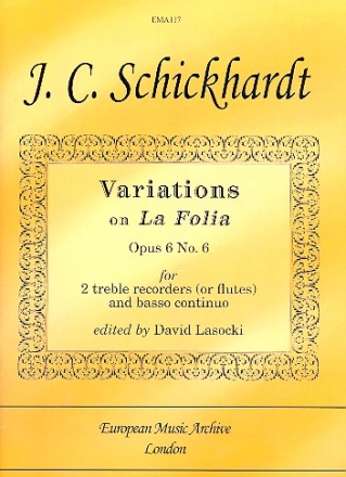 Variations on La Follia op.6,6 for 2 treble recorders and Bc score and parts