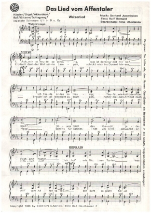 Das Lied vom Affentaler  und  Meine alte Harmonika: fr Klavier (mit B- und Es-Stimme)