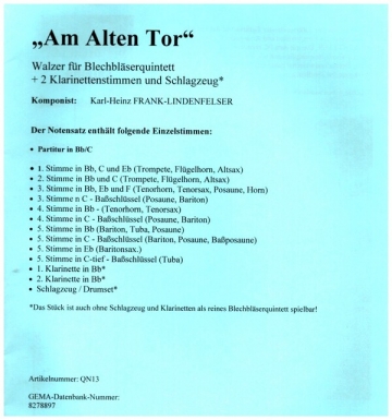 Am alten Tor fr 5 Blechblser und 2 Klarinetten (Schlagzeug ad lib) Partitur und Stimmen