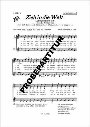 Zieh in die Welt f�r Bass-Solo und Kinderchor (Frauenchor) a cappella Singpartitur