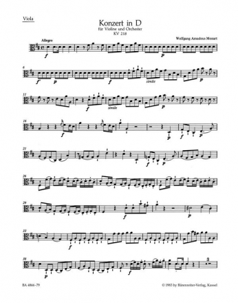 Konzert D-Dur Nr.4 KV218 fr Violine und Orchester Viola