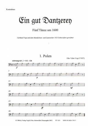 Ein gut Dantzerey fr Zupforchester (Blockflte und Percussionsinstrumente ad lib) Kontrabass