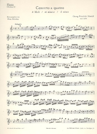Concerto a quattro TWV 43: d 3 fr Flte (Violine), Violine, Violoncello obl. und Basso continuo Einzelstimme - Violine I / Flte