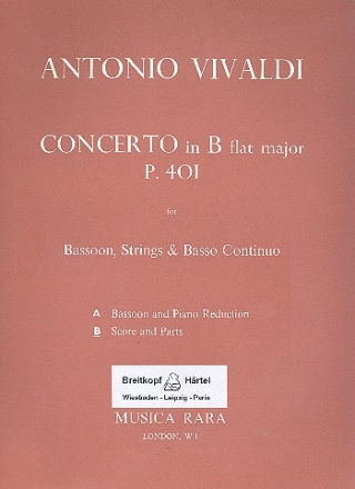 Concerto in B flat Major P401 for bassoon, strings and bc score and parts