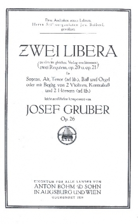 2 Libera me op.26 zu den 2 Requien op.20 und op.21  fr Chor und Orchester oder Orgel Partitur