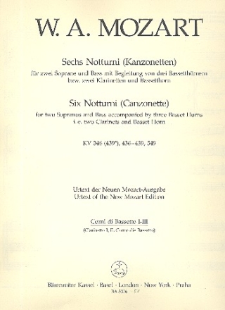 6 Notturni fr 2 Soprane, Bass und 3 Bassetthrner (2 Klar, 1 Bassetthorn) Blserpartitur