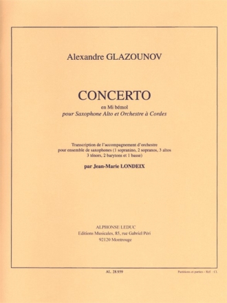 Concerto Mi bemol Major op.109 pour Saxophone Alto et Orchestre a Cordes pour ensemble de saxophones (si/2s/3a/3t/basse) Partition et Parties