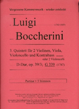 Quintett D-Dur op.39,3 G339 fr 2 Violinen, Viola, Violoncello und Kontrabass Partitur und Stimmen