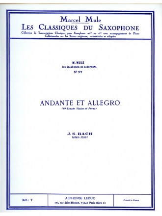 Andante et Allegro de sonate no.1 pour violon et piano pour saxophone alto et piano
