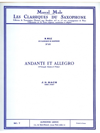 Andante et Allegro de sonate no.1 pour violon et piano pour saxophone alto et piano