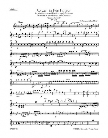 Konzert F-Dur KV242 fr 2 oder 3 Klaviere und Orchester Violine 1