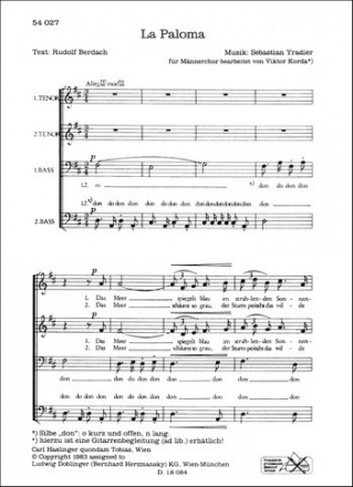 La Paloma  fr Mnnerchor a cappella (Gitarre ad lib) Partitur