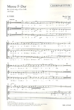 Messe F-Dur op.72 fr gem Chor (SAB) und Orgel Chorpartitur