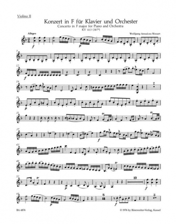 Konzert F-Dur KV413 fr Klavier und Orchester Violine 2