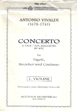 Konzert G-Dur RV492 fr Fagott, Streicher und bc Stimmenset (3-3-2-2-1)