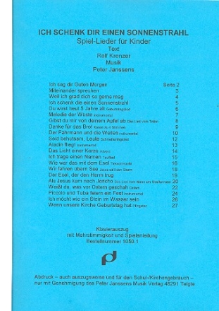 Ich schenk dir einen Sonnenstrahl fr Gesang (Kindergruppen) und Klavier Partitur mit Spielanregungen