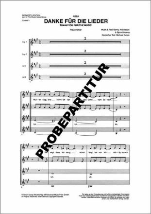 Danke f�r die Lieder f�r Frauenchor und Klavier Partitur