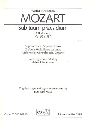 Sub tuum praesidium KV198 (KV158b) fr 2 Soprane, Streicher und Bc Orgelauszug