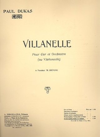 Villanelle pour cor (violoncelle) et orchestre pour piano  4 mains partition