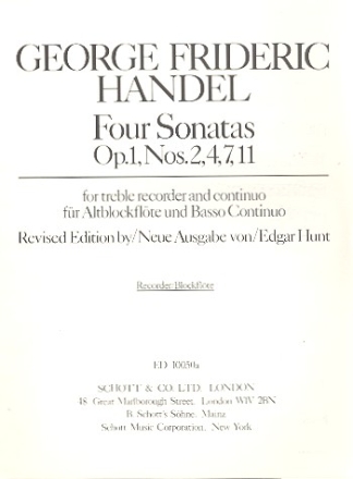 4 Sonatas from op.1 (nos.2,4,7,11) for alto recorder and Bc alto recorder