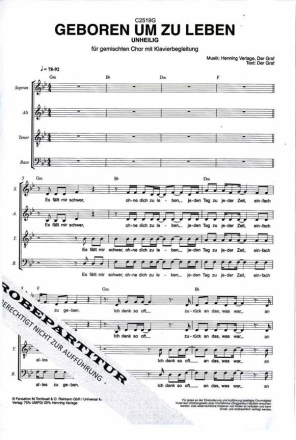Geboren um zu leben f�r gem Chor und Klavier Elisabeth-Serenade Chorpartitur