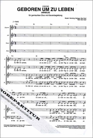 Geboren um zu leben f�r gem Chor und Klavier Partitur