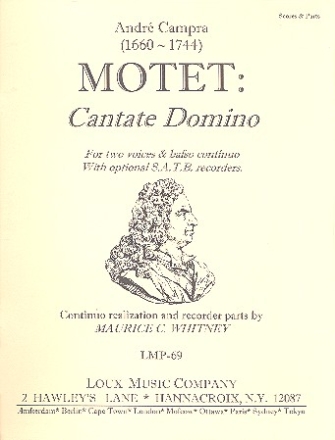 Cantate Domino for 2 voices and Bc (recorders SATB ad lib) score and parts