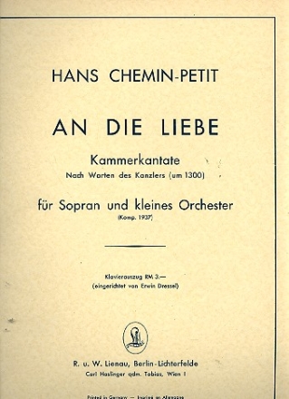 An die Liebe fr Sopran und kleines Orchester Klavierauszug