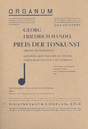 Preis der Tonkunst fr Sopran, Streichorchester und Cembalo Partitur und Streicherstimmen (1-1-1-1)