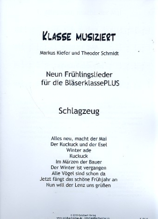 Klasse musiziert - Frhlingslieder fr Blserklasse/Blasorchester Schlagzeug