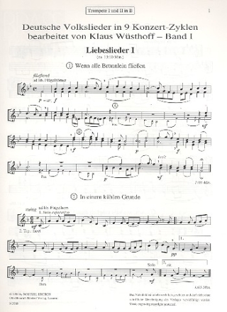 Deutsche Volkslieder in 9 Konzert-Zyklen Band 1 fr 2 Trompeten, Horn, Posaune und Tuba Trompete 1 und 2