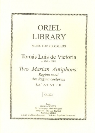 2 Marian Antiphons for 5 recorders (S/A, A/T, A/T, T and Bass recorder) score and parts