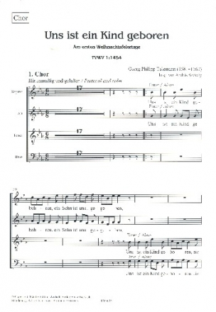 Uns ist ein Kind geboren TWV1:1454 fr Soli und Instrumente (gem Chor ad lib) Chorpartitur